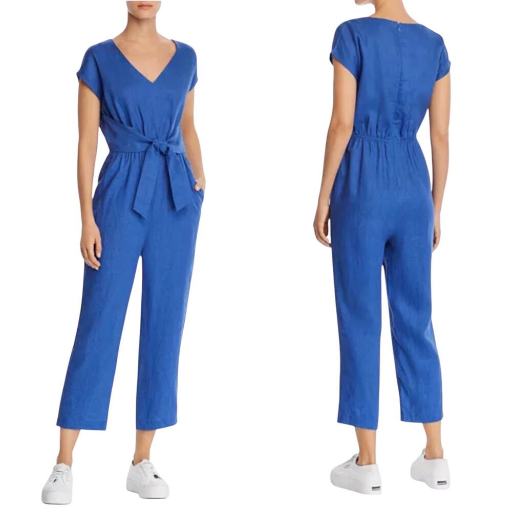 Aqua Women's Blue Tie Waist Linen Jumpsuit Cropped Straight Leg Size Large